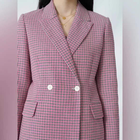 Maje Pink Checked Straight Double-Breasted Blazer - Picture 2 of 5